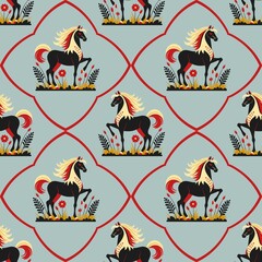 Seamless ornamental horse pattern in folk style
