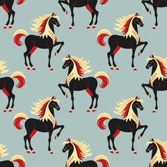 Seamless horse pattern in folk art style