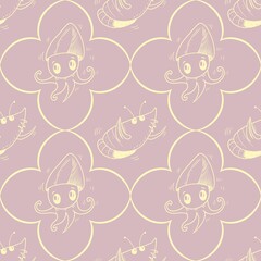 Seamless seafood pattern with shrimp and squid on pink background