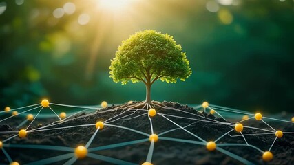 Small green tree growing on soil connected to a glowing digital network structure under bright sunlight, concept for sustainable technology, environmental conservation and ecological connectivity