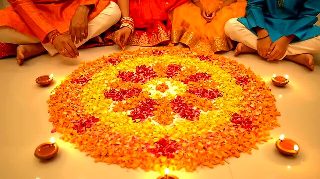 Joyful Indian Family Celebrates a Hindu Spring Festival, Adorning Their Home with a Vibrant Flower Rangoli (Pookalam) and Glowing Diyas for a Traditional Celebration