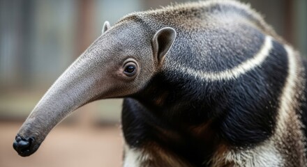 Giant anteater walking through grassland with long snout and bushy tail. A unique insect-eating mammal known for its striking appearance and slow, deliberate movement.