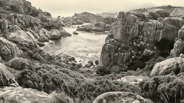 Beautiful ocean landscape with boats and rocks.