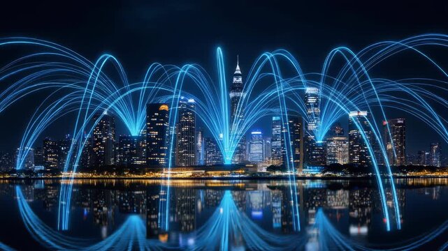 Modern city skyline at night illuminated by reflective data network arcs connecting major skyscrapers, concept for global connectivity, future technology and internet backbone