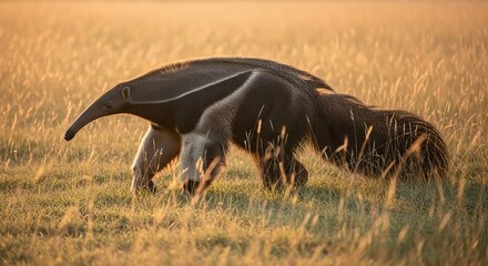 Giant anteater walking through grassland with long snout and bushy tail. A unique insect-eating mammal known for its striking appearance and slow, deliberate movement.