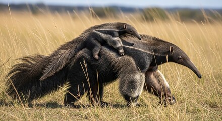Giant anteater walking through grassland with long snout and bushy tail. A unique insect-eating mammal known for its striking appearance and slow, deliberate movement.