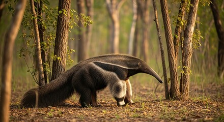 Giant anteater walking through grassland with long snout and bushy tail. A unique insect-eating mammal known for its striking appearance and slow, deliberate movement.