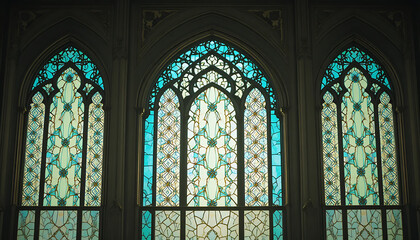 Ornate Gothic Stained Glass Windows with Blue Hues.