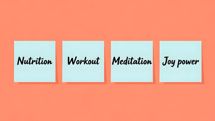 Obraz premium Health Wellness Fitness Goals Concept Image Sticky Notes Featuring Nutrition Workout Meditation Joy power on Bright Orange Background For Lifestyle Motivation