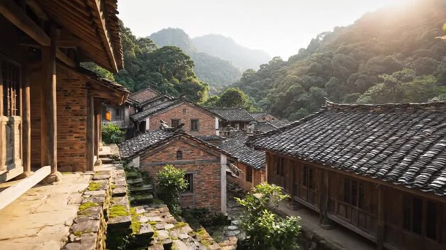 Traditional Chinese Village with Ancient Architecture and Lush Green Mountains in the Background.
