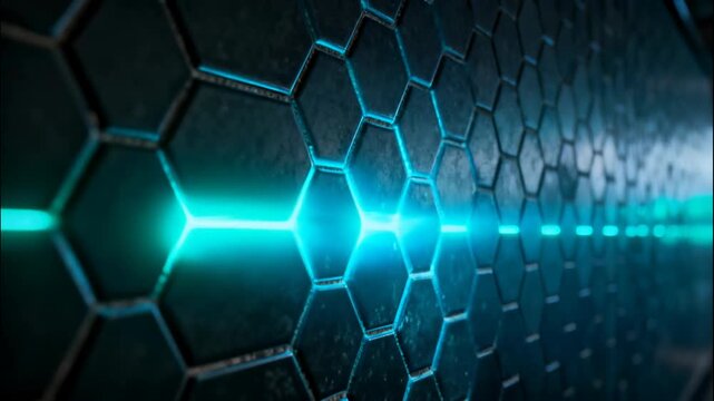 Futuristic Hexagonal Grid Tunnel with Cyan Neon Lights Pulsating and Moving Forward