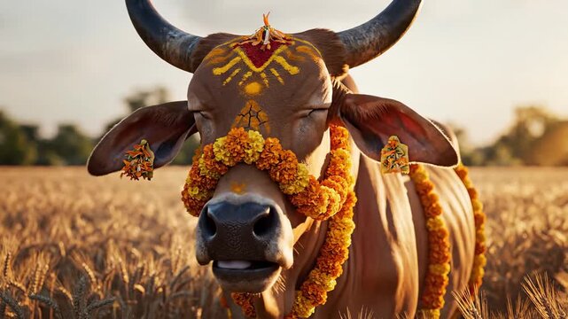 Decorated Sacred Cow in Golden Field for Harvest Festival