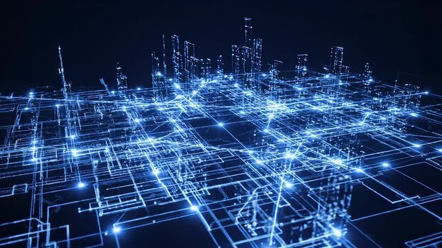 Futuristic abstract blue network grid expanding and pulsing with light nodes and connections