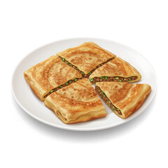 Five pieces of 'martabak telur' goldenbrown savory stuffed flatbread on a white plate