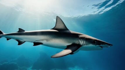 A large shark swims gracefully through the clear blue ocean water near the surface of the sea shark video