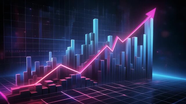 Financial graphs in 3D pulsing upward with neon tech aesthetic.