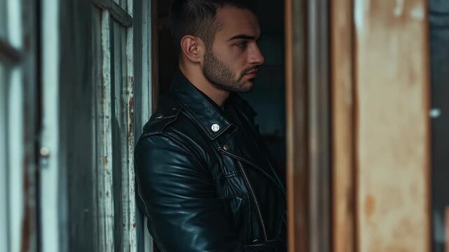 A suave man stands confidently against a rustic backdrop.