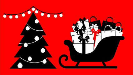Festive Christmas tree with sleigh full of gift boxes, festive lights and shopping bags on a vibrant red background, celebrating the holiday season and gift-giving traditions