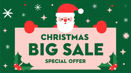 Christmas Big Sale Special Offer Santa Claus Holding Banner With Merry Christmas Greeting and Festive Decorations