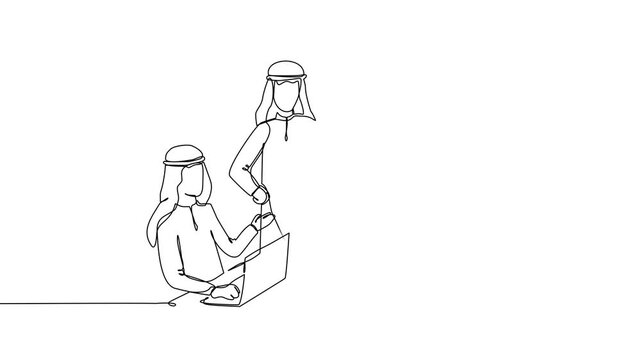 Animated self drawing of continuous line draw Arab men in business meeting with one man standing next to flip chart with volatile line graph. Review market performance. Full length one line animation