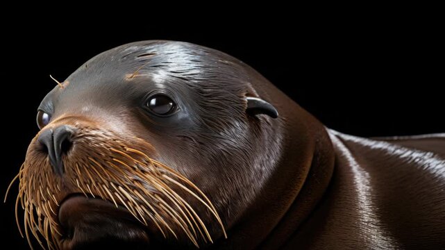 A detailed view of the head of a sei whale with long whiskers and a large eye.