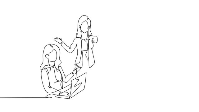 Animated self drawing of continuous line draw three women in business meeting setting. One woman is giving presentation next to flip chart with an upward trend graphs. Full length one line animation