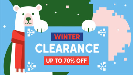 Charming polar bear graphic holding a winter clearance banner, announcing an incredible seasonal sale with substantial discounts for holiday shopping promotions