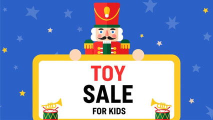 Vibrant Children's Toy Sale Promotion Banner with Festive Nutcracker and Starry Background, Perfect for Kids' Discounts and Playtime Offers