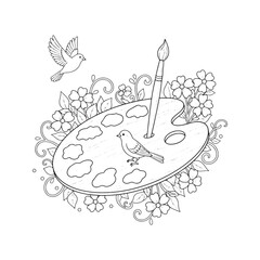 Hand drawn artist palette with paint brush, birds and flowers. Vector black and white line art illustration for coloring book page.
