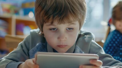 Young boy focused on tablet computer screen. - Powered by Adobe