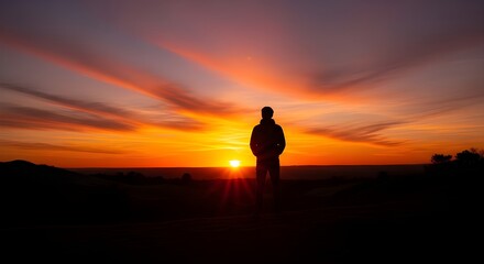 Silhouette of a man walking on the beach at sunset with the orange sky over the sea