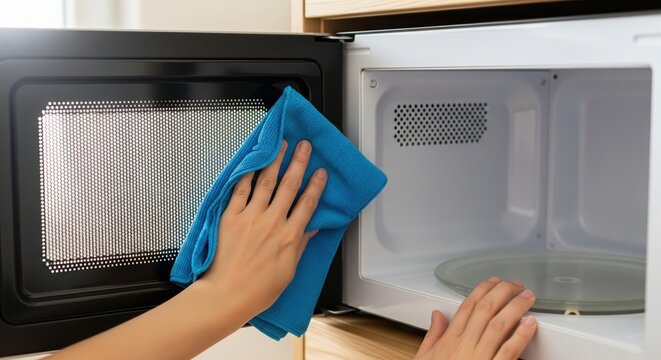 Woman hands cleaning inside of open microwave oven with blue microfiber cloth in kitchen.