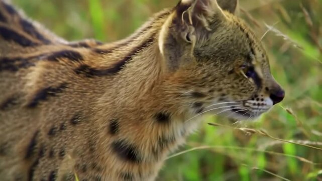 Close up of a serval cat in natural habitat during daylight hours