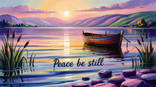 Peace be still Christian lake sunrise illustration with wooden boat, calm water, mountains and inspirational Bible verse art