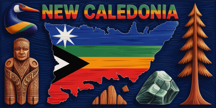 Colorful New Caledonia map illustration with flag, tribal totem, exotic bird, pine tree and gemstones on textured blue background