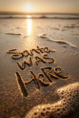 Santa Was Here Written in Elegant Cursive into Wet Sand Extreme Close-Up with Warm Golden Light and Soft Foam &ndash; perfect for holiday celebrations