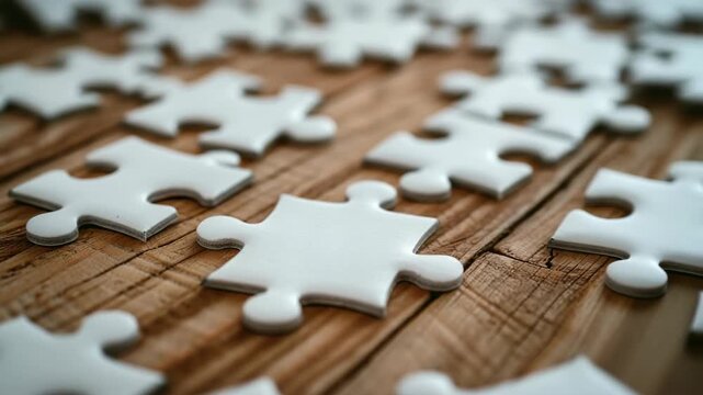 A single interlocking jigsaw puzzle piece in focus against blurred background of wooden table top.