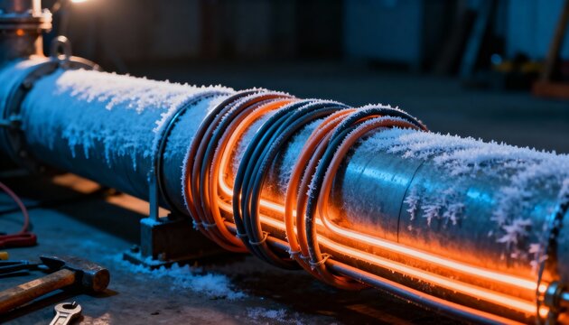 Medium shot of electrical heat tracing cables neatly wrapped around a cold pipeline ensuring consistent warmth to prevent freezing during harsh weather.