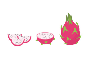 Pink Dragon Fruit Set. Whole and Sliced. Suitable for clip art, stickers, flat design illustration, etc