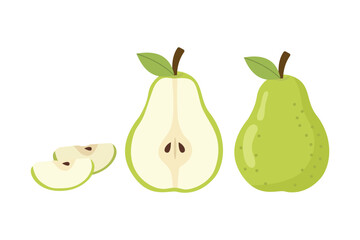 Green Pear Fruit Set. Whole and Sliced. Suitable for clip art, stickers, flat design illustration, etc