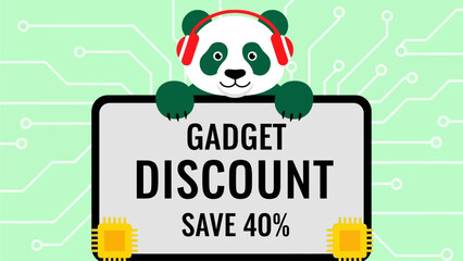 Charming Panda Mascot Wearing Headphones Presents a Generous 40% Off Promotion for Gadgets and Modern Electronics on a Techy Circuit Board Background