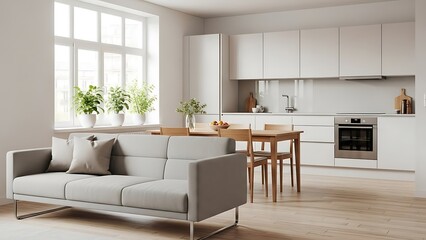 Fototapeta premium Bright Modern Living Space with Kitchen and Comfortable Sofa.