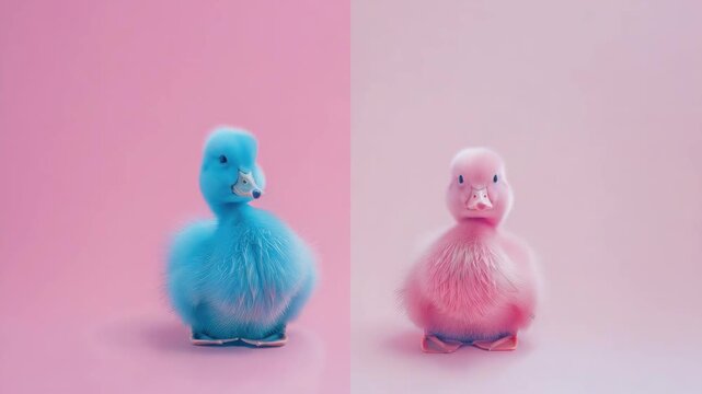 Two fluffy baby ducks with vibrant colors against a soft pink backdrop.