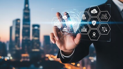 Businessman Interacting with Digital Interface in Modern Cityscape.