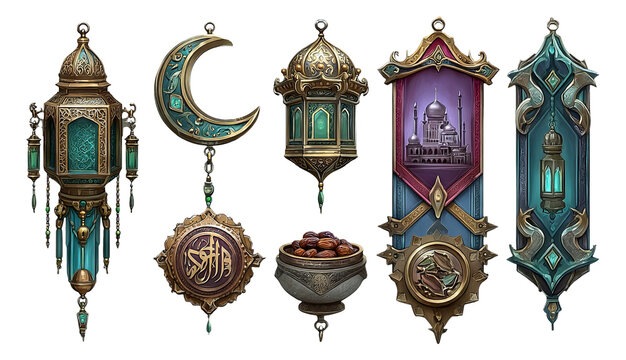 Decorative Objects for Al-Fitr Celebration Arranged in 3x2 Layout