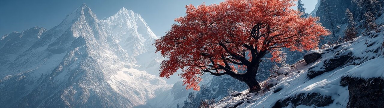 Mountain tree: a silent witness to autumn's farewell and winter's arrival. Vibrant expression. Alone autumn tree on a mountain, welcoming the first snowfall. Surreal composition.