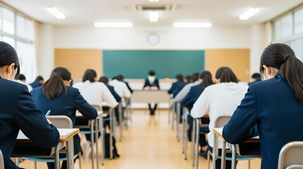 High School Entrance Exam Scene &ndash; Students Focusing on Their Test