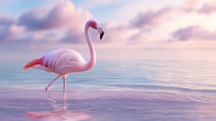 Pink flamingo walking along the tranquil shoreline at sunset