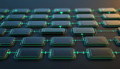 Futuristic Artificial Intelligence Workflow Interface with Connected Automation Nodes and Glowing Green Data Flow on Dark Background, Advanced Machine Learning and Digital Process Technology Concept