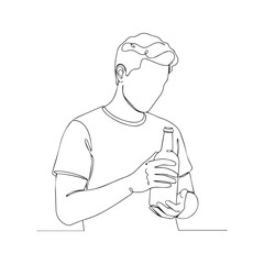 Continuous line drawing of a man holding a bottle. Vector minimalist black and white one line art illustration of a male figure drinking alcohol or water.
